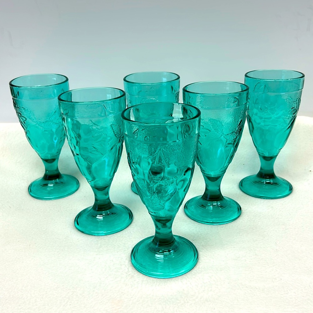 Vintage 1980s stamped France turquoise  stemmed set of 6 water goblets by Lumin…
